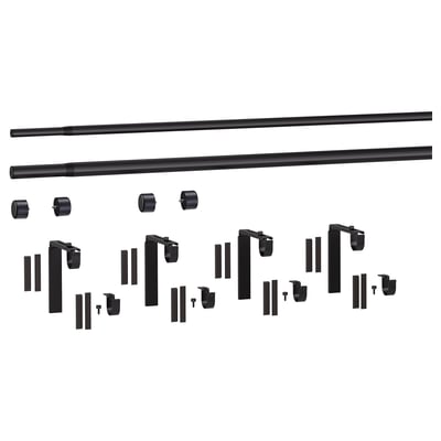 Image displays black curtain rod components: 2 rods, 4 brackets, 4 holders, 4 finials, and liners.