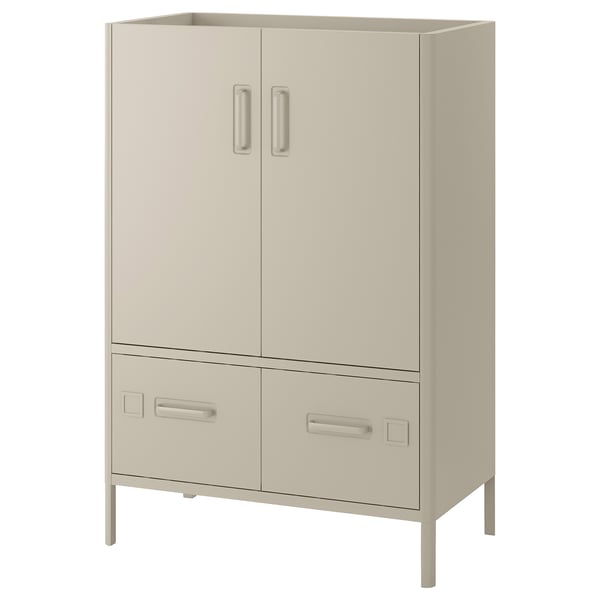 Beige IDÅSEN cabinet, 4 doors with silver handles & adjustable legs.