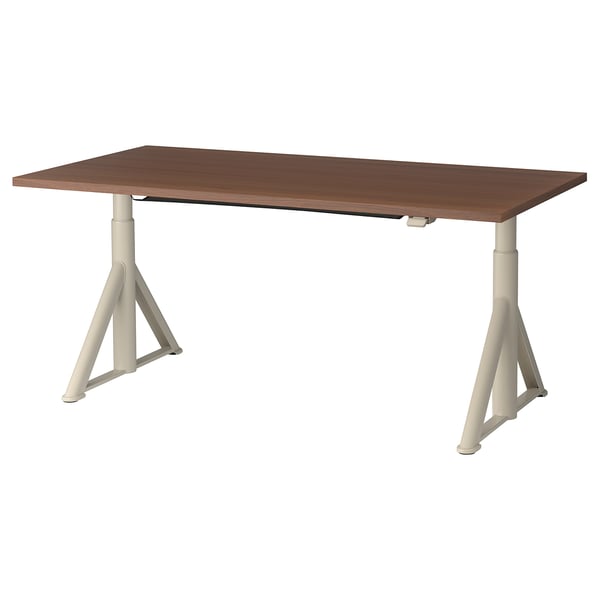 Brown adjustable wooden desk with metal frame and gas lift.