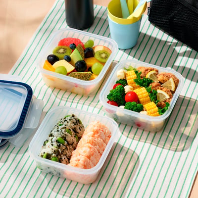 Three plastic containers with food: fruit mix, rice and vegetables, and chicken with veggies. Lid locks for carrying.