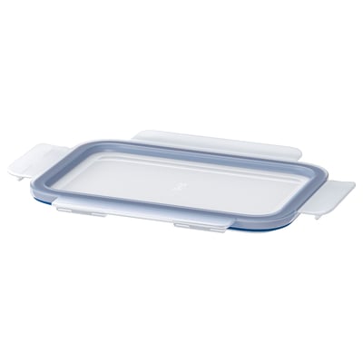 Clear, rectangular IKEA 365+ plastic container with two snap-lock lids, designed for food storage, keeping contents fresh and preventing leaks.