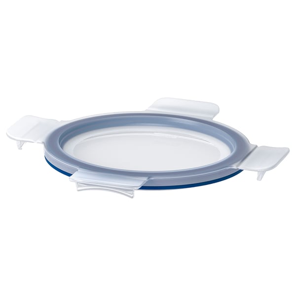IKEA 365+ white snap-lock and leak-proof food container lid, clear, round with transparent section.