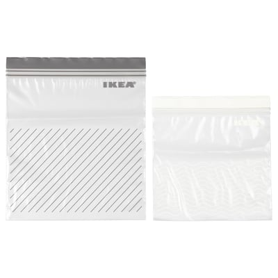 Two transparent, gray-sealed ikea storage bags shown, designed for multiple uses and varying sizes.