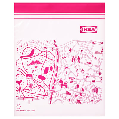 IKEA reusable red storage bag, transparent, hand-washable, resealable, contains city map design, suitable for organising kitchen and household items.