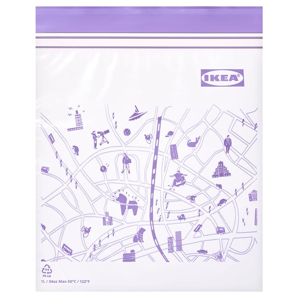 IKEA ISTAD bag, clear with purple details, map design, plastic material.