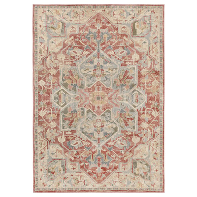 A red, beige, and blue JÄRNVÄG area rug with intricate patterns. Its rectangular and made from recycled materials.