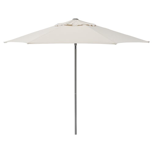 JOGGESÖ white patio umbrella with aluminium pole, offering uv protection and tilt feature for adjustable shade.