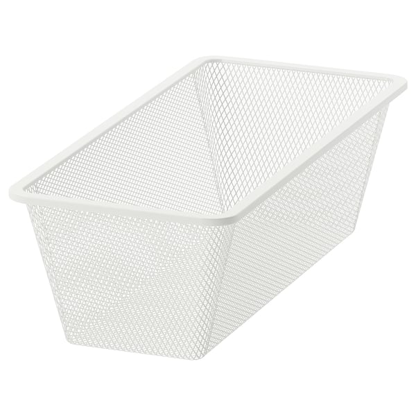 A white JONAXEL mesh storage basket, rectangular and open-topped, made of coated steel, designed for organising and air circulation.