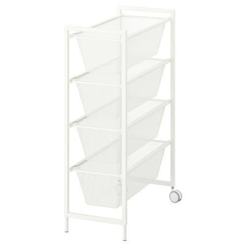 White JONAXEL storage with mesh baskets, wheels for mobility, ideal for bathrooms/laundry.