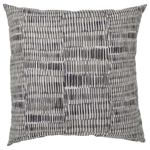 Square grey and white patterned cushion with recycled polyester cover and filling.