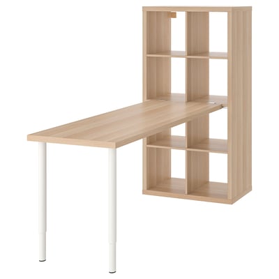 Light wood KALLAX unit with adjustable table, ideal for versatile storage and workspace.