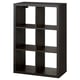An empty, black KALLAX shelving unit with six cube-shaped sections arranged in three rows. It is made of fiberboard and a simple, modern design.