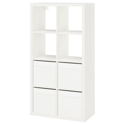 A white KALLAX bookshelf, a modern storage unit with a grid design combining open shelves and drawers.