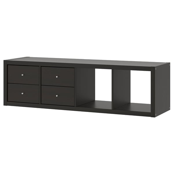 Black KALLAX shelf unit with two-drawer sections and open storage.