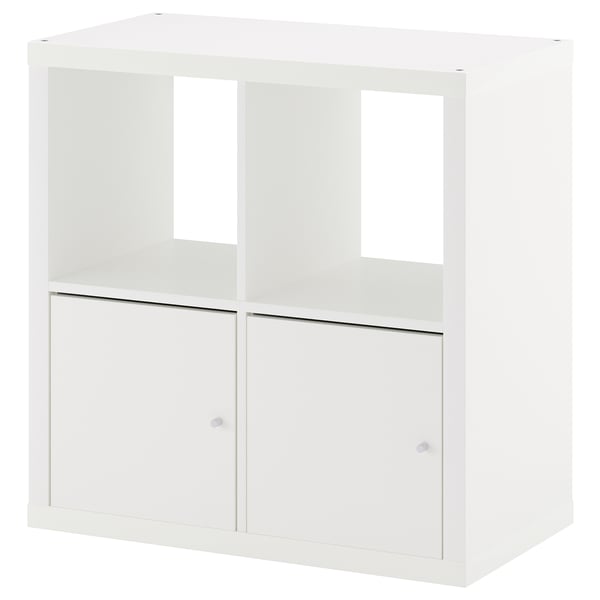 White KALLAX storage unit: 3 open compartments, 1 with door. Square, modern design.