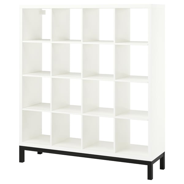 KALLAX white cube shelf unit, modern design with black metal base, open storage.