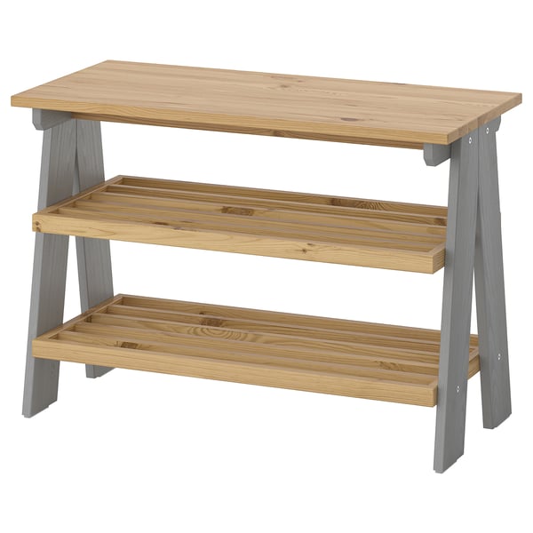 KALLSÖ pine bench in grey, 3-tier shoe storage, rustic wood design for hallways.