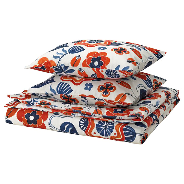 KANONVISKA duvet set, white with orange & blue floral patterns, rectangular and soft, ideal for a cosy, nature-inspired bedroom.