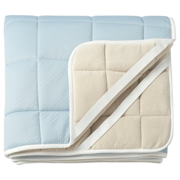 KEJSAROLVON mattress protector, blue and beige, rectangular, quilted, reversible design.