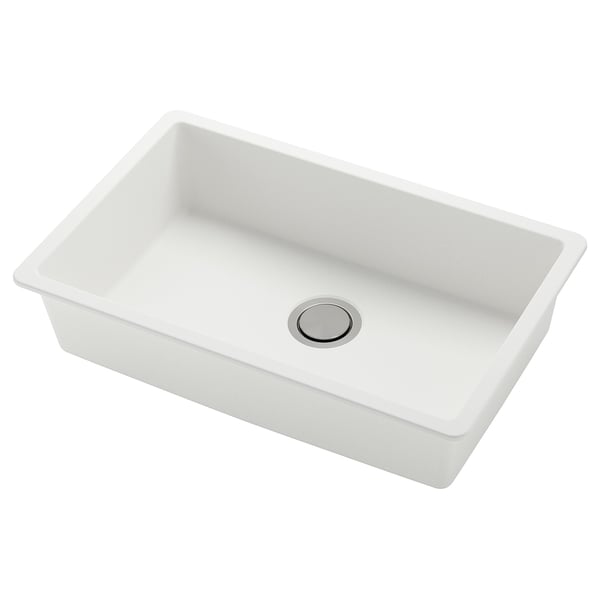 KILSVIKEN white quartz sink, single bowl, rectangular, sleek modern design, stainless steel drain.