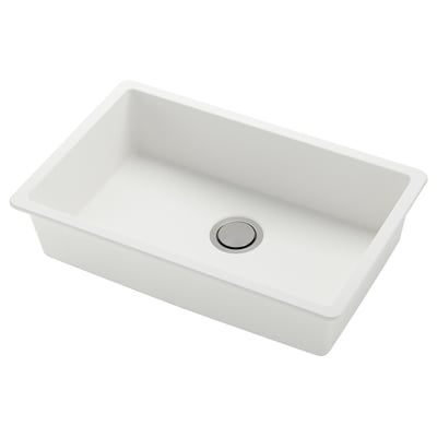 KILSVIKEN white quartz sink, single bowl, rectangular, sleek modern design, stainless steel drain.