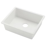 The KILSVIKEN quartz sink is white, rectangular, and seamless with a single drain hole.