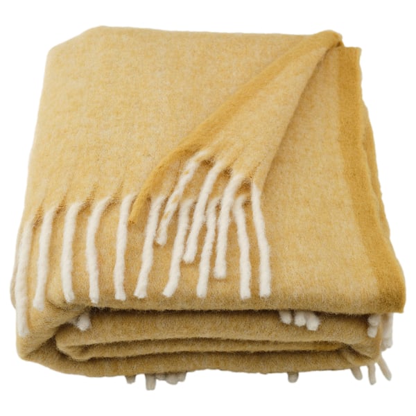 Yellow folded throw blanket with white stripes, soft and fluffy, rectangular shape, made of recycled polyester.