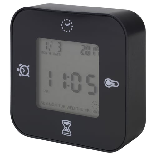 Black digital clock: time, date, alarm, temp, timer can be shortened to: digital clock with time, date, alarm, temp, timer