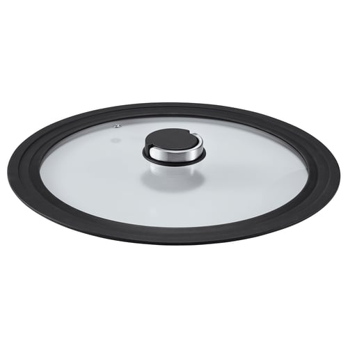 A black KLOCKREN lid with a glass centre, featuring a foldable handle and a steam vent.
