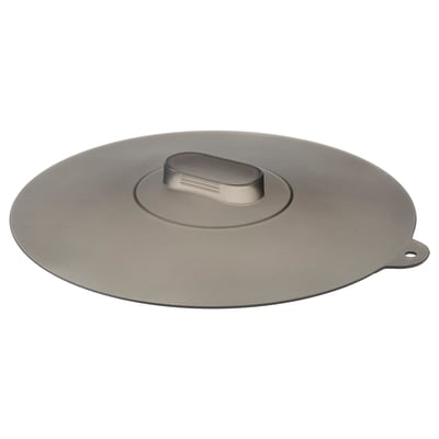 A round, grey silicone lid with a metal handle, used for covering pots and containers.