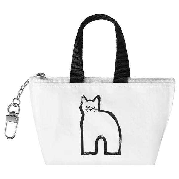 KNÖLIG white mini-bag: black cat design, zip closure, keychain hook, black handle.