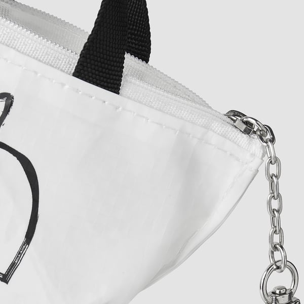Close-up of KNÖLIG keychain bag; shows durable zip and sturdy attached chain.