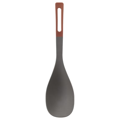 A brown-handled grey KNORRHANE deep spoon for cooking and serving, with a soft silicone edge and ergonomic design.