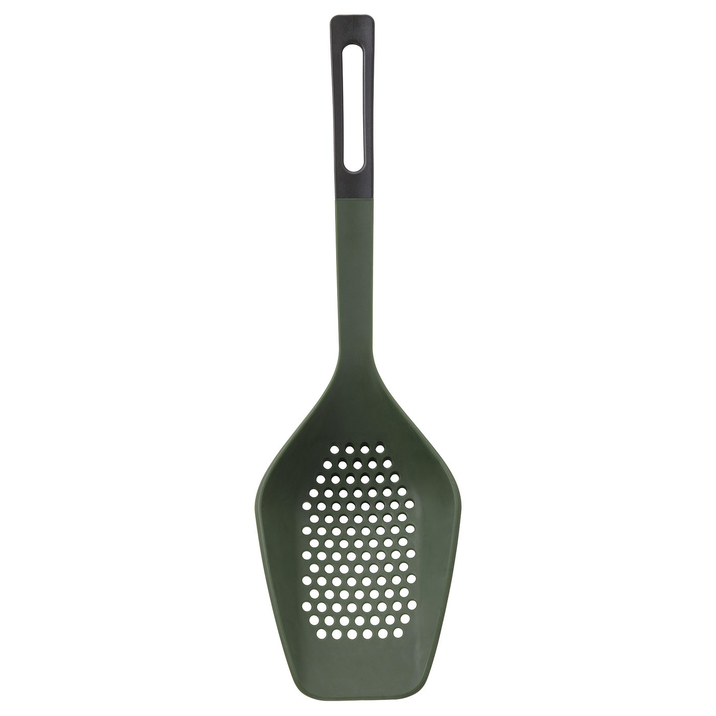 Green KNORRHANE kitchen utensil with holes, ergonomic handle, non-stick safe.