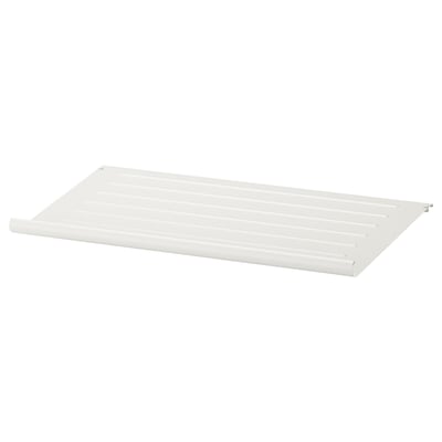 A white KOMPLEMENT shoe shelf made of metal, featuring a slanted design for easy visibility and access.