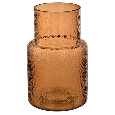 KONSTFULL amber glass vase. Cylindrical shape, textured surface, distinctive ring design.