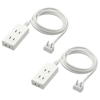 Two KOPPLA white extension cords, each with three additional sockets, coiled neatly, connecting devices to multiple power sources.