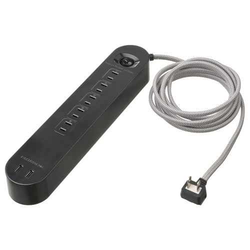 KOPPLA black multi-socket with 5 outlets, 2 usb ports for efficient charging.