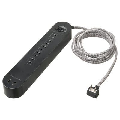 KOPPLA black multi-socket with 5 outlets, 2 usb ports for efficient charging.
