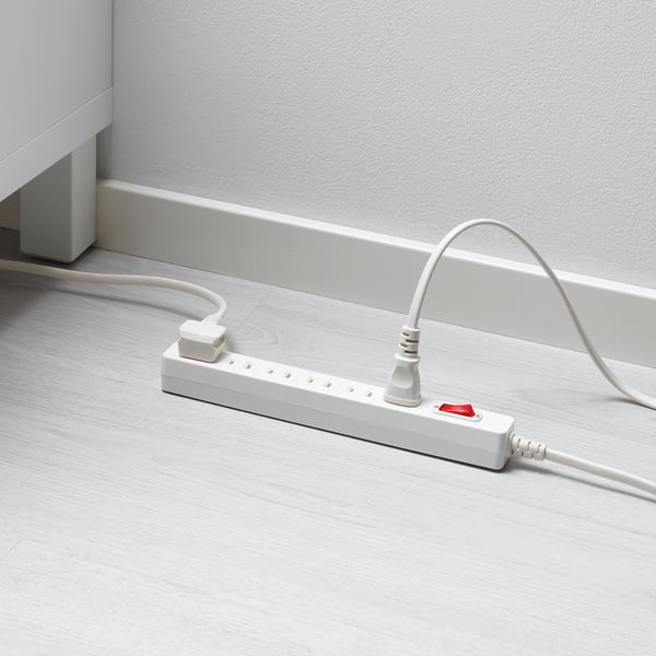 White extension cord, 6 sockets with safety shutters, power switch, 1. 5m cable for multiple device charging.