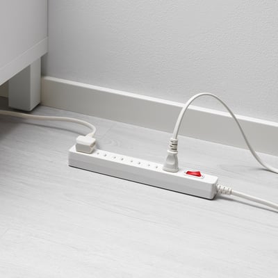 White extension cord, 6 sockets with safety shutters, power switch, 1. 5m cable for multiple device charging.