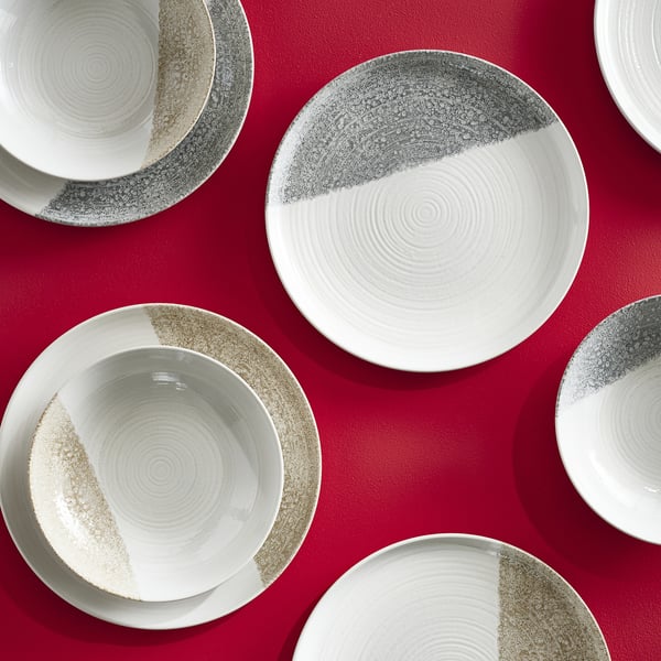 KRUSTISTEL plates in white & grey, stoneware, round, half-dipped design; larger than bowls.