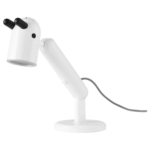 KRUX adjustable desk lamp, white with black ear, bendable arm, round base, lightweight plastic.