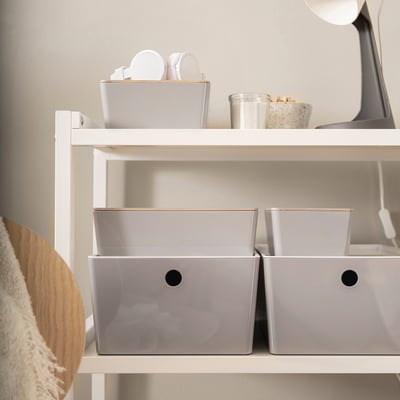 KUGGIS storage boxes in grey, recycled plastic, stackable, organise small items, simple design.