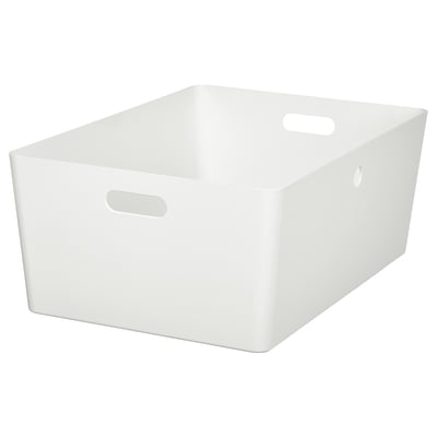 White KUGGIS storage box with handles, made of recycled pet plastic.