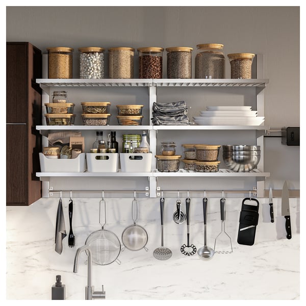 KUNGSFORS stainless steel kitchen organiser with hanging utensils, jars, and containers for efficient storage.