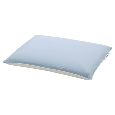 A KVARNVEN pillow in light blue with a honeycomb pattern on one side and memory foam on the other.
