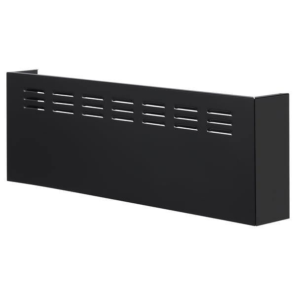 Black metal rectangular shelf, sleek design with horizontal slots for ventilation.