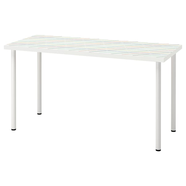 LAGKAPTEN table, white with colourful grid, rectangular, four legs.