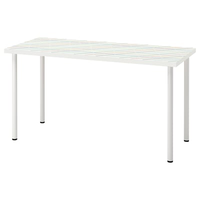 LAGKAPTEN table, white with colourful grid, rectangular, four legs.